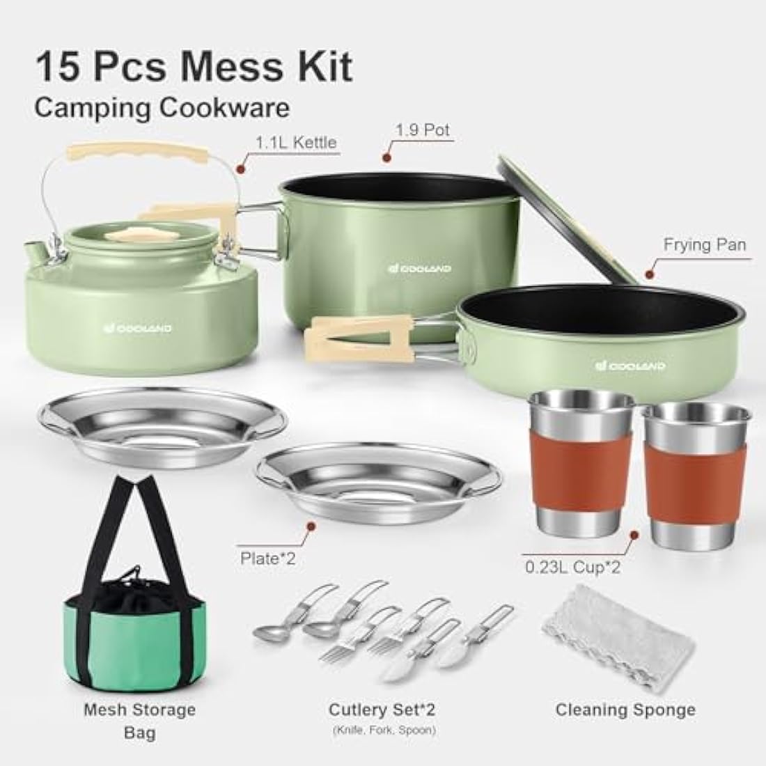 Odoland Camping Cookware Set Non-Stick Pot and Pan Set with Kettle, Stainless Steel Utensils Mess Kit, Cups Plates Knives Spoons Forks for Outdoor Cooking