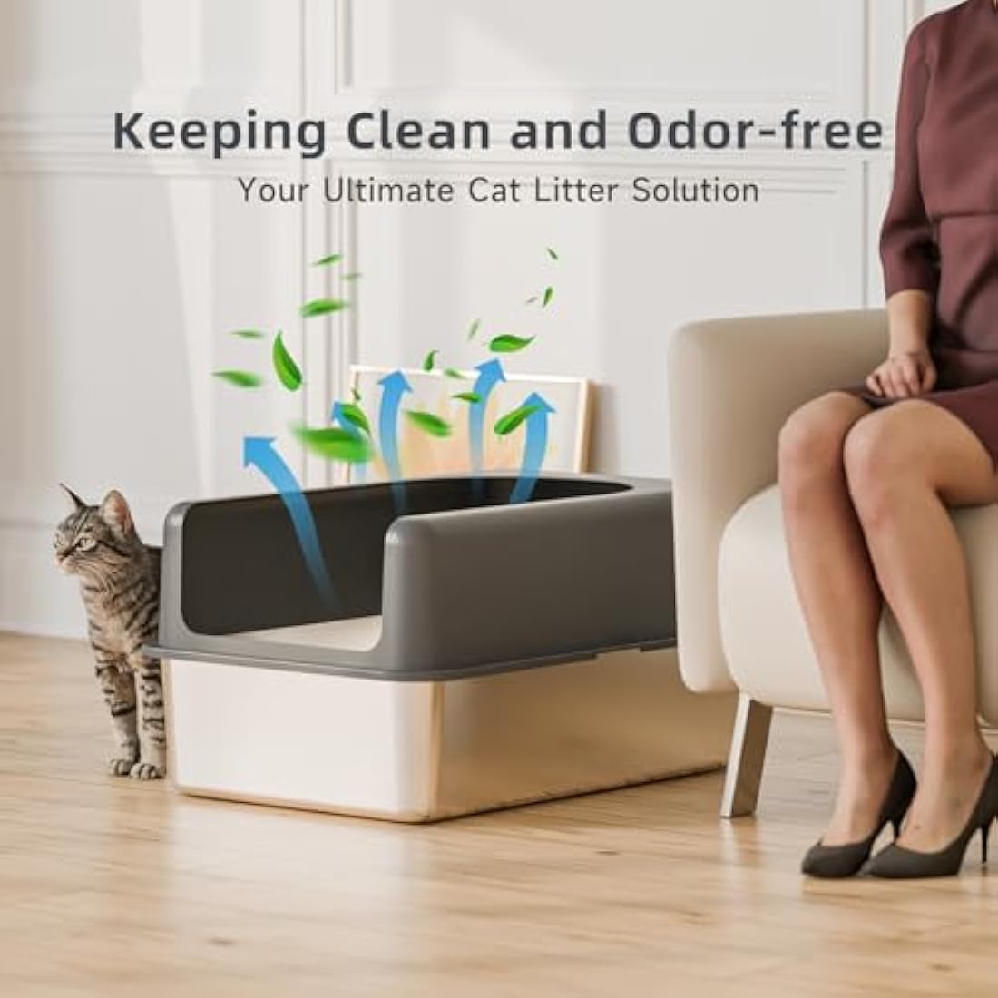 Bsadne High-Sided Stainless Steel Cat Litter Box with Lid - Extra Large, Easy-to-Clean Metal Litter Pan for Cats (24" L x 16" W x 12" H with Enclosure)