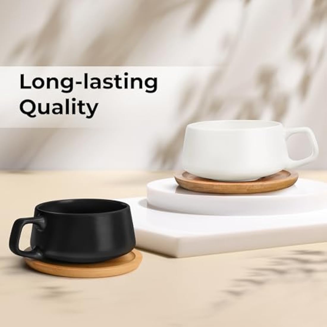 MIAMIO – 320 ml, Set of 4 Ceramic Tea Cup and Saucer Bamboo/Tea Mug - Wide Cappuccino Cup, Coffee Cups Ceramic Mug for Cappuccino, Latte, Espresso & Americano - Luxe Collection (Classic Pastel)