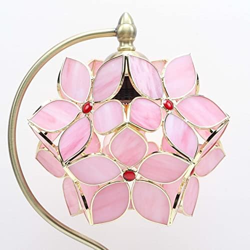 Bieye L30832 Tiffany Style Stained Glass Flower Petal Table Lamp with Brass Base for Home Décor (Pink, 8" Apple Blossom)