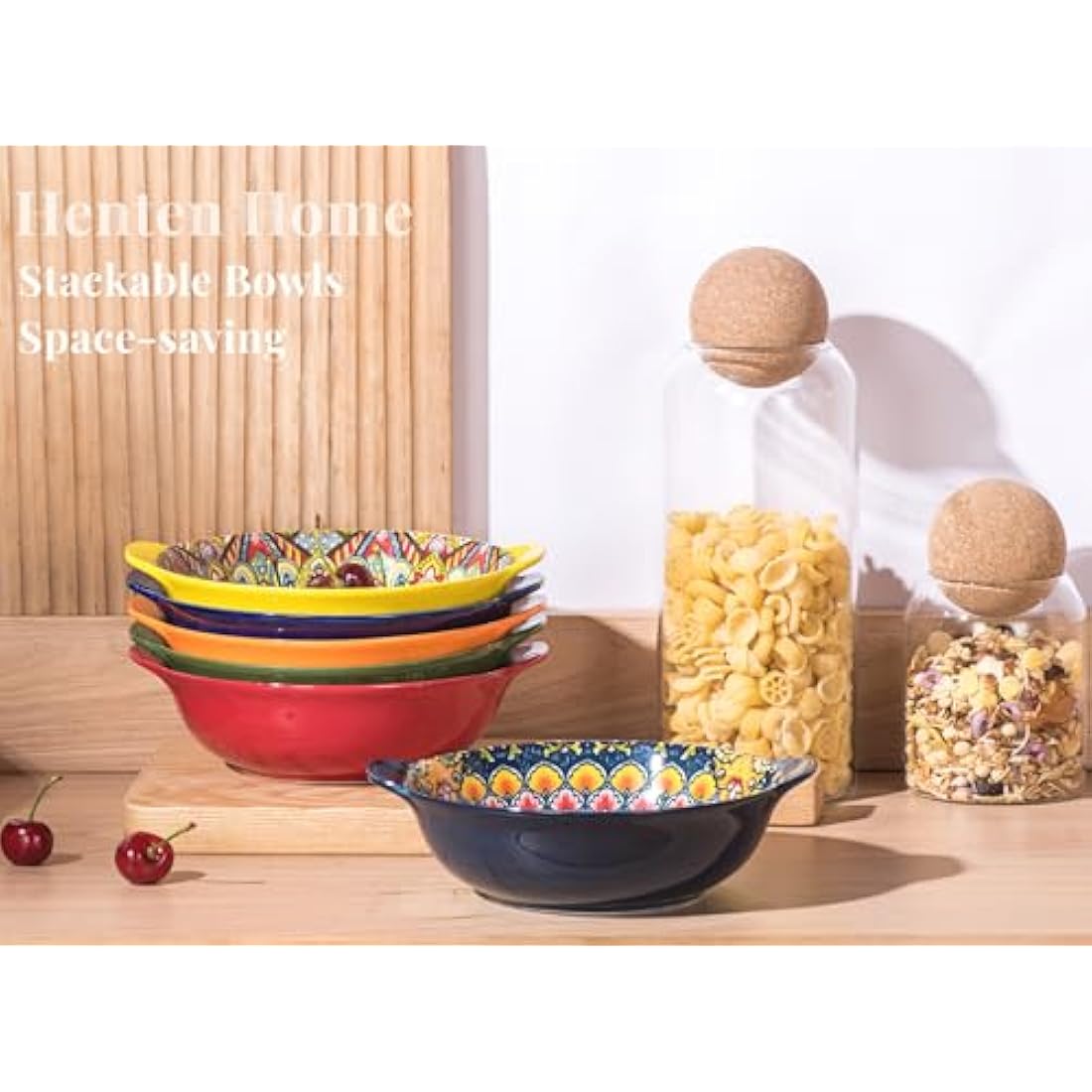 Henten Home Bowls Set, Porcelain Salad Bowl with Handles, Colorful Serving Plates 6pcs - 17.5Oz, Ceramic Bowls for Cereal Soup Salad - Bohemian Style