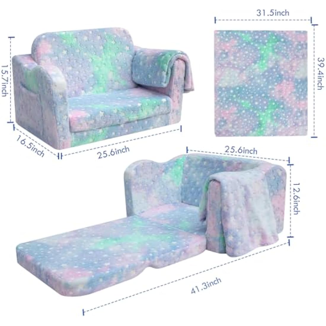 MeMoreCool Kids Couch, Folding Kids Sofa Bed, Toddler Convertible Sofa Chair to Lounger Pull Out Couch for Playroom, Glow In The Dark