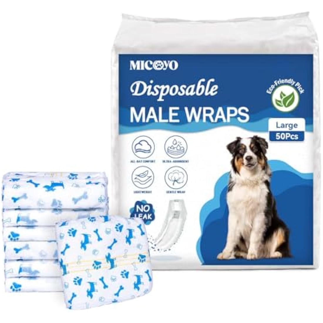 MICOOYO Disposable Dog Nappies Male, Super Absorbent Male Dog Wraps, Doggy Diapers with Wetness Indicator (L, 50pack)