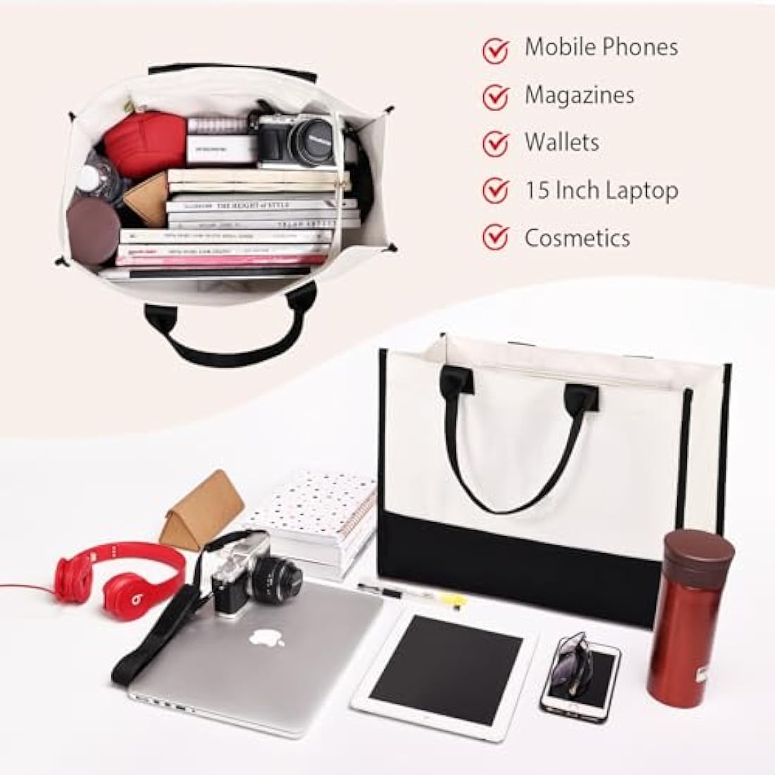 Lamyba Bride Bag with Makeup Bag and Reinforced Bottom, Bridal Shower Gifts - Black and White
