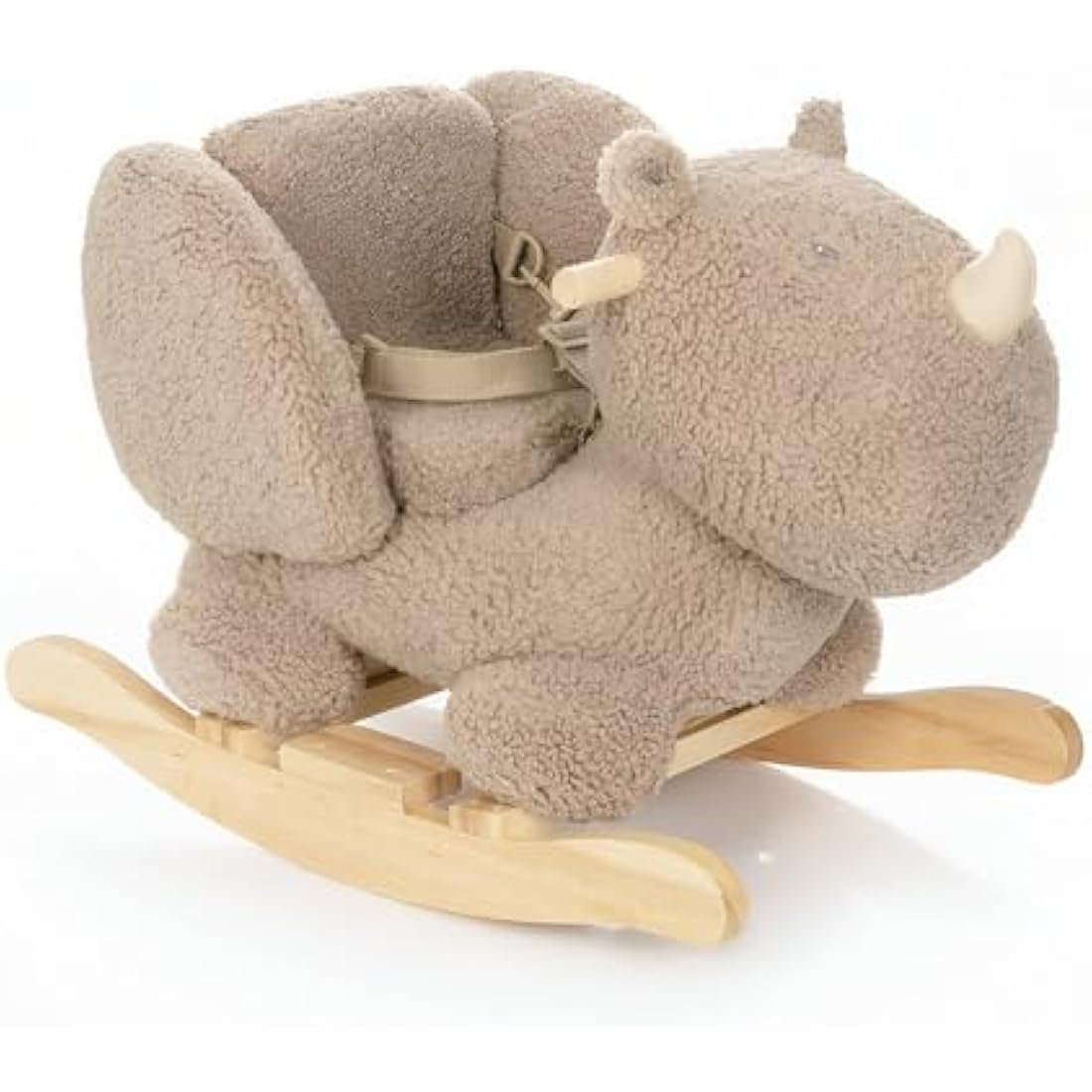 Nattou Wooden Rocker, Fully Padded Seat, Side Supports, Safety Belt, Handles For Small Hands, PETA-Approved Vegan, Soap-Water Cleaning, Super Soft Teddy Fabric Material, 10-36 Months, Taupe Rhino