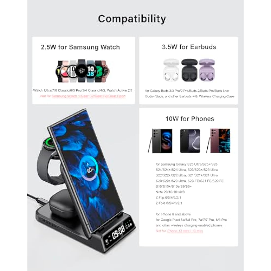 Charging Station for Samsung S25/Watch 8/8 Classic, 3 in 1 Wireless Charger for Samsung S25 Ultra/S25+/S24/S23/Fold 7, Galaxy Watch Ultra 2025/7/6/5/4/3, Galaxy Buds, SwanScout 703S (No Adapter)