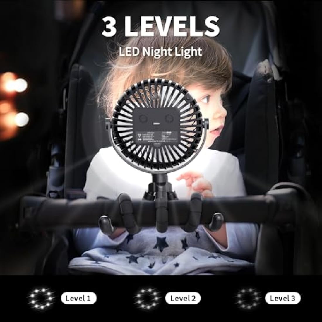 Amacool Battery Operated Stroller Fan Flexible Tripod Clip On Fan with 3 Speeds and Rotatable Handheld Personal Fan for Car Seat Crib Bike Treadmill(Black)