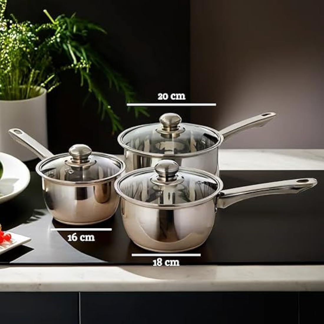 Premier Housewares Stainless Steel Saucepan Set, 3 Piece Set with Glass Lids,Silver,H14 x W40 x D26cm