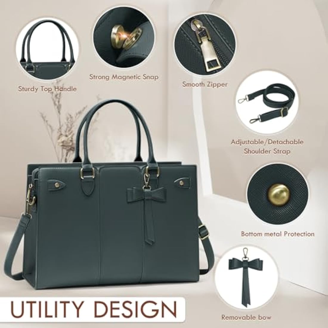 RAINSMORE Laptop Bags for Women PU Leather Work Bags for Women Tote Bag Large Handbag Shoulder Bag for Office Bussiness 15.6 Inch Dark Green