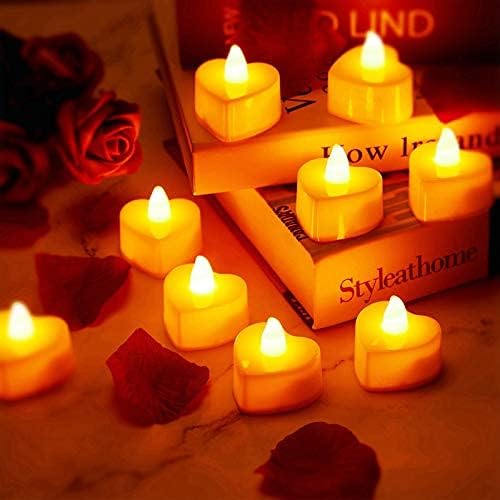 Mudder 12 Pcs Heart Shape LED Tealight Candles Love LED Candles with 200 Pieces Silk Rose Petals Scatter Artificial Petals for Valentine's Day Wedding Table Party Decor(Yellow Light, Dark Red Petal)