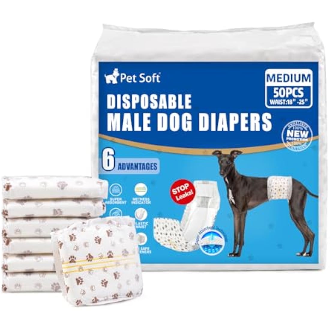 Pet Soft Dog Nappies Male- 50 Counts Disposable Male Dog Wraps, Super Absorbent Puppy Dog Diapers Incontinence Nappy Wraps with Wetness Indicator (M-50 Count)