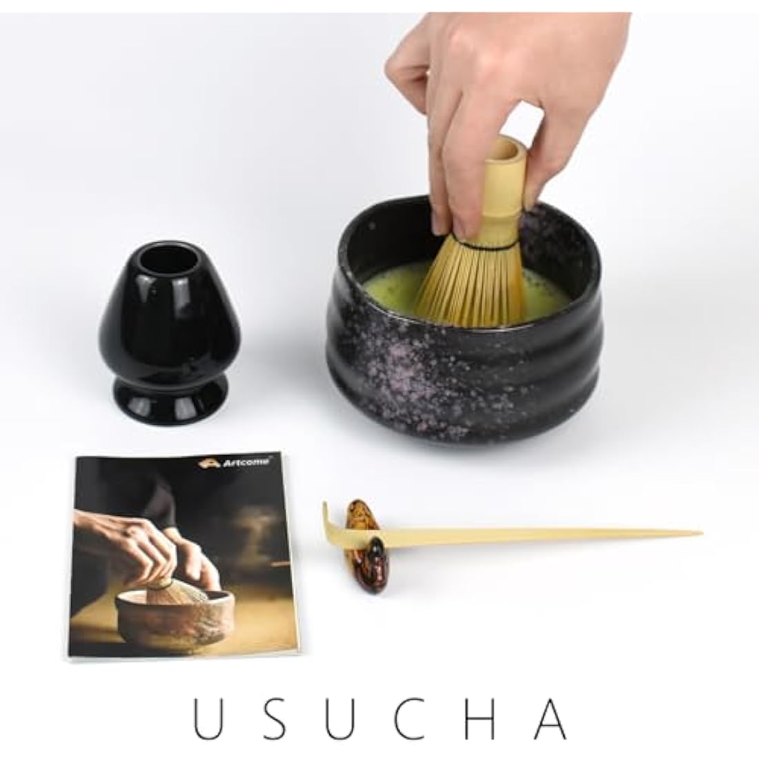 Artcome Matcha Ceremony Kit for Japanese Tea Ceremony, Traditional Matcha Bowl, Whisk, Tea Scoop, Matcha Powder Strainer, Matcha Tea Set for Making Usucha, Koicha and Matcha Latte (Black)