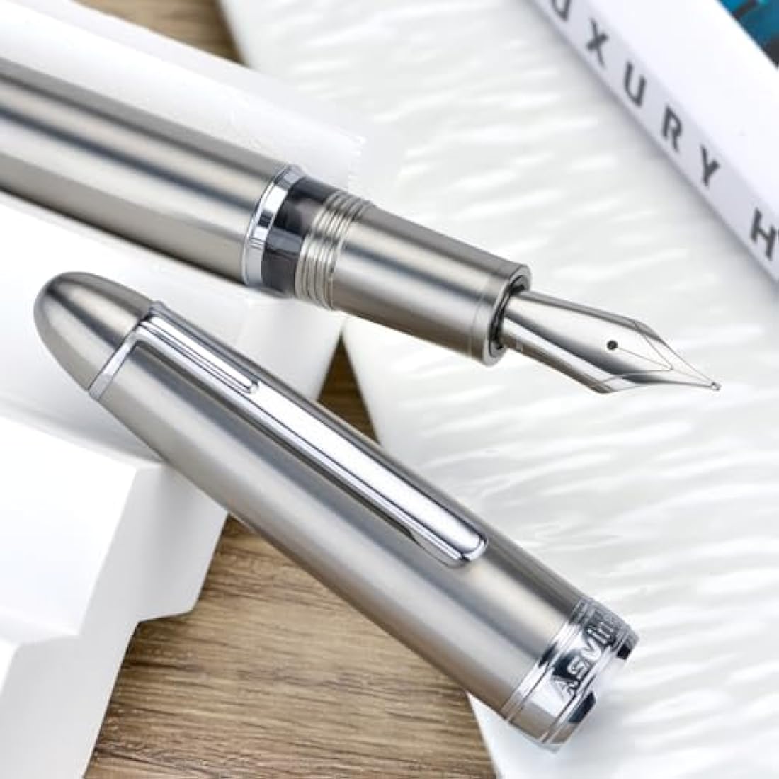 Asvine J16 Solid Titanium Fountain Pen Broad Jowo Nib Piston Filling, Ink Window Design with Wrench and Pen Box