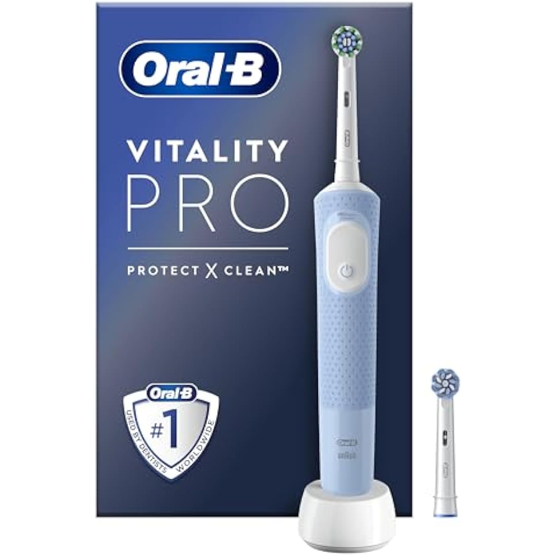 Oral-B Vitality Pro Electric Toothbrushes Adults, Oral B Electric Toothbrush, 1 Handle, 2 Toothbrush Heads, 3 Brushing Modes Including Sensitive Plus, Rechargeable Toothbrush, 2 Pin UK Plug, Blue