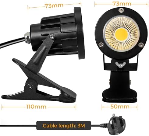 Milpoel COB LED Clip on Spot Lights, 7W, 3M Cord, IP65 Waterproof, for Indoor/Outdoor Pathway, Deck, Lawn, Patio, Walkway, Billboard (White Light, 2 Pack)