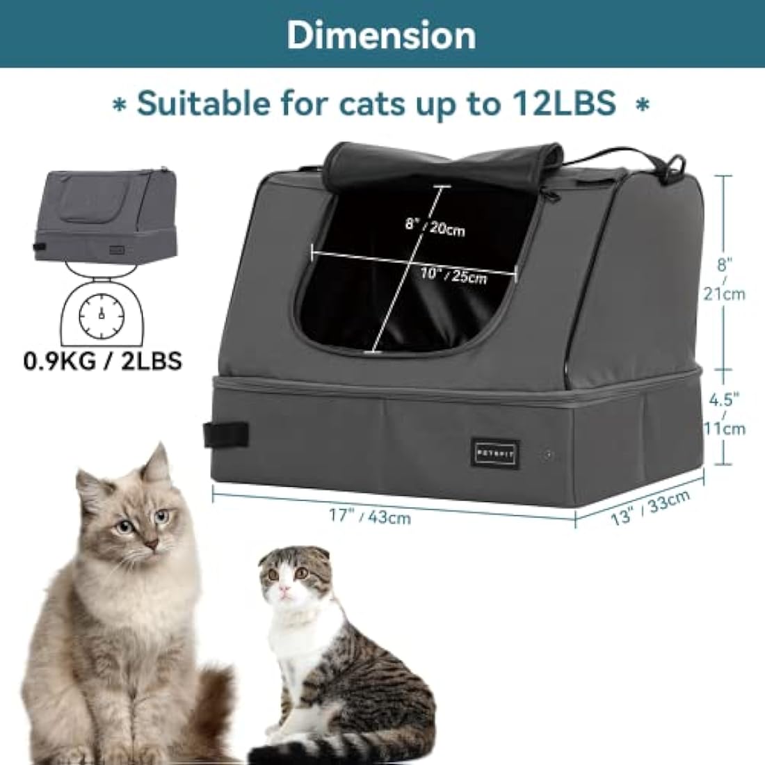 PETSFIT Travel Litter Box for Cats - Removable and Washable 2-Layer Leak-Proof Lining, Scratch-Resistant Fabric with Sturdy Support Frame, Portable Litter Box, Lightweight Gray