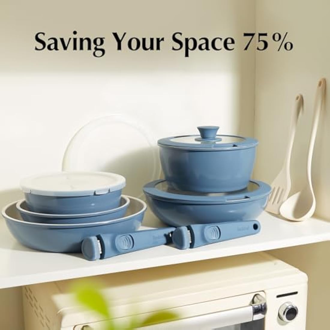 Redchef Ceramic Pots and Pans Set Non Stick, 16 pcs Nonstick Cookware Set with Detachable Handle, Non Toxic, PFAS PFOA & PTFE Free, RV Ceramic Cookware Set for Camping, Oven Safe (Blue)