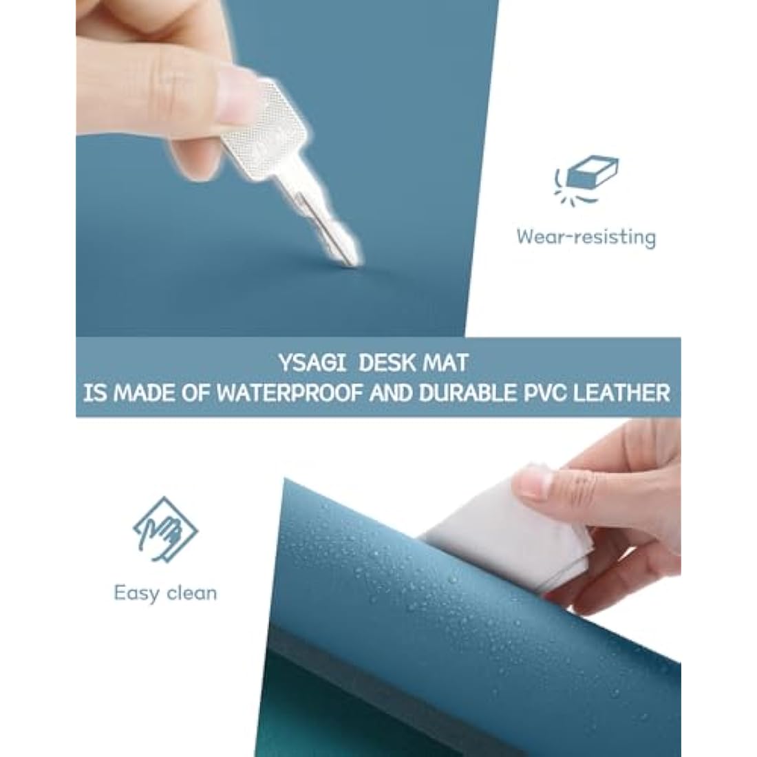 YSAGi Non-Slip Desk Pad, Waterproof PVC Leather Desk Table Protector, Ultra Thin Large Mouse Pad, Easy Clean Laptop Desk Writing Mat for Office Work/Home/Decor (80 x 40 cm, Azure)