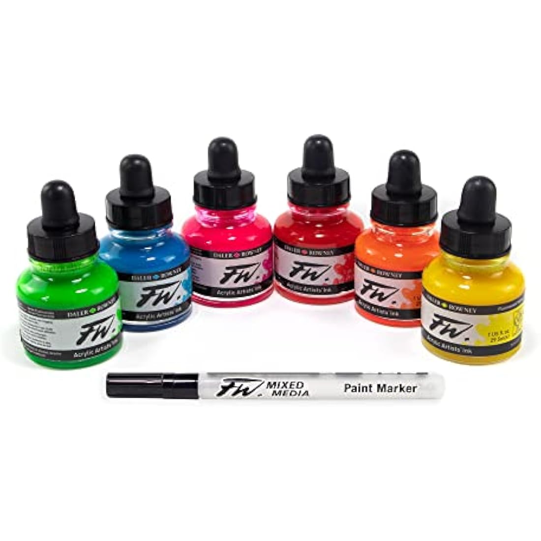 Daler-Rowney FW Neon Ink Set, 6 x 29.5ml Bottles & 1 FW Mixed Media Marker, Acrylic Based Ink, Assorted Colours, For Professional Artists & Students