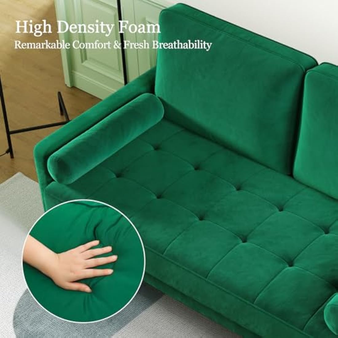 Vesgantti Small 2 Seater Sofa Green, Comfy Couch with Spring Cushion, Velvet Sofa with Wood Legs, Modern Love Seat Sofa 2 Seater for Living Room, Small Couch for Bedroom, Green Office Couch