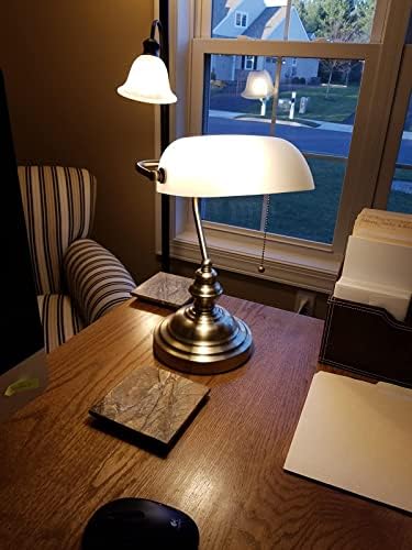 Newrays White Matted Glass Bankers Desk Lamp with Pull Chain Switch Plug in Fixture