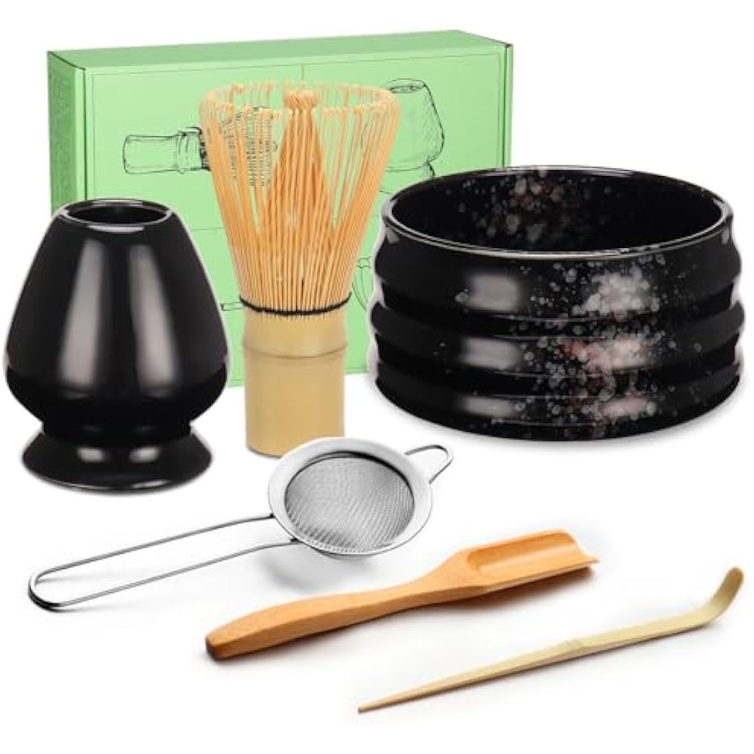 Geebuzz Matcha Whisk Set - Matcha Bowl and Bamboo Matcha Whisk, Scoop, Spoon, Sifter, Whisk Holder, 6pcs Perfect Matcha Starter Kit for Matcha Tea Ceremony (Black)