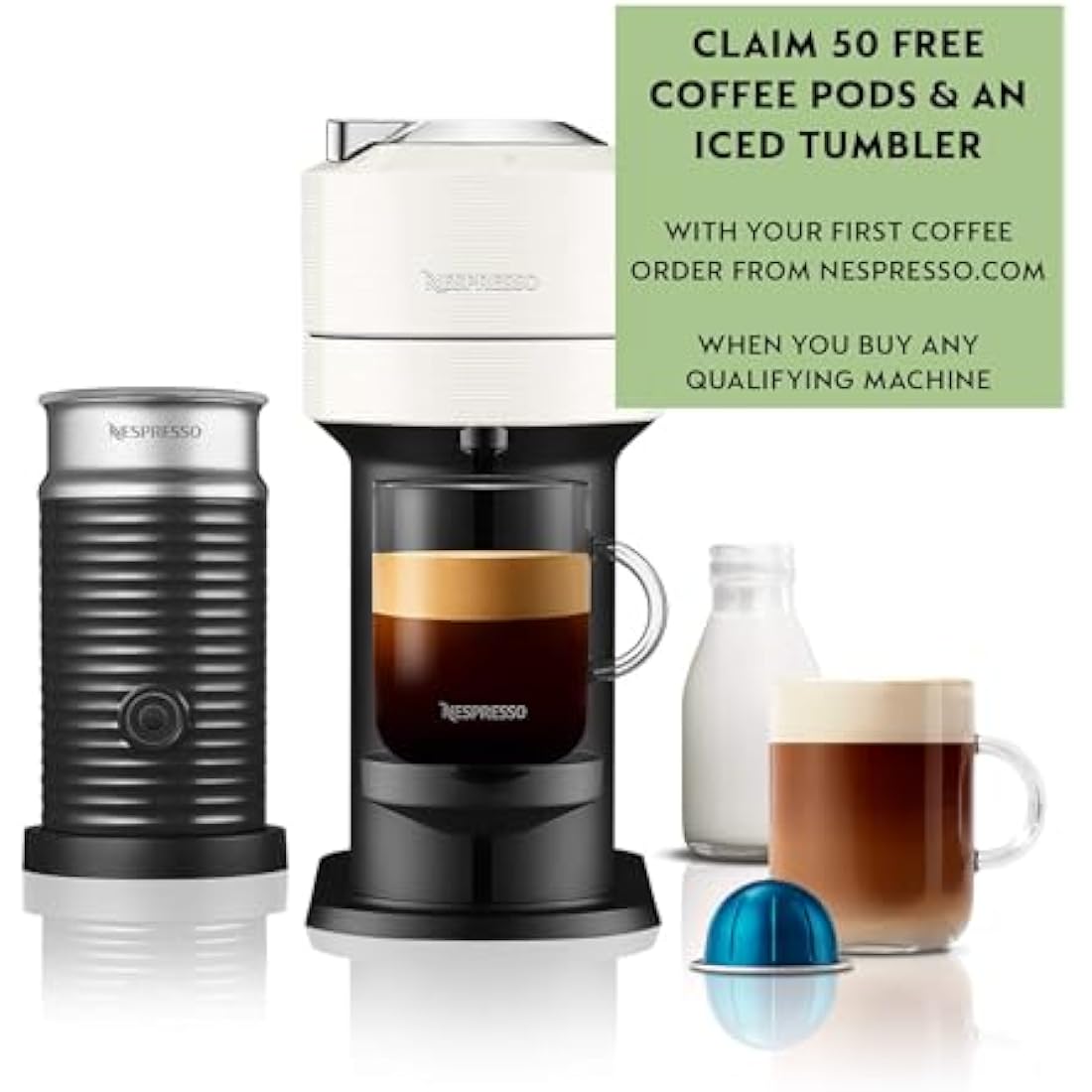Nespresso Vertuo Next Coffee Machine by De'Longhi with Aeroccino Milk Frother, Over 30 Varieties of Pods, 6 Coffee Cup Sizes, Latte, Cappuccino, Starter Capsule Set Included, EN120.WAE, White