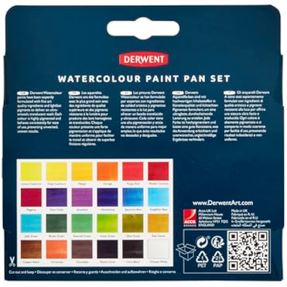 Derwent Watercolour Paint Pan 24 Set, Set of 24, Half Pan Size, Water-Soluble, Ideal for Painting, Professional Quality, Travel Size, 2306324
