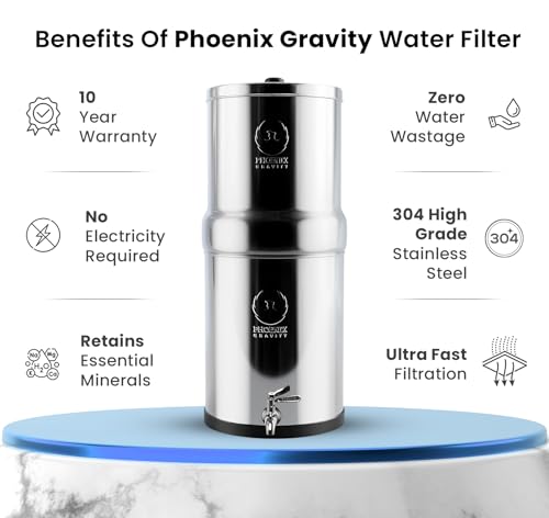 PHOENIX GRAVITY 6-Litre Stainless Steel Gravity Water Filter NSF Certified AISI 304 Countertop Water Filter System with 2 Smart (Black) Carbon Cartridges, Free Water Tap, No Power Or Plumbing Required