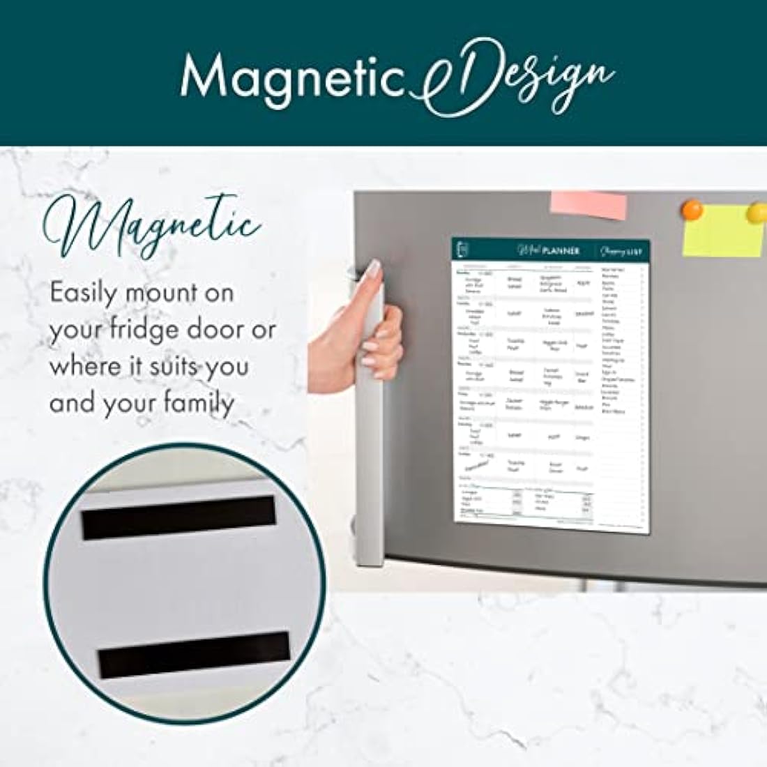 Perfect Planner Company - Magnetic Weekly Meal Planner Pad - A4 Tear Away Design - Perforated Shopping List - Calorie Tracker and Food Expiry Date - Teal - Portrait 50 Pages