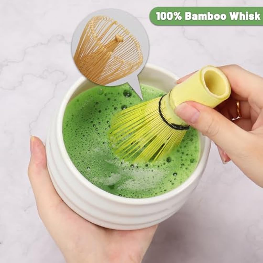 Geebuzz Matcha Whisk Set - Matcha Bowl and Bamboo Matcha Whisk, Scoop, Spoon, Sifter, Whisk Holder, 6pcs Perfect Matcha Starter Kit for Matcha Tea Ceremony (White)