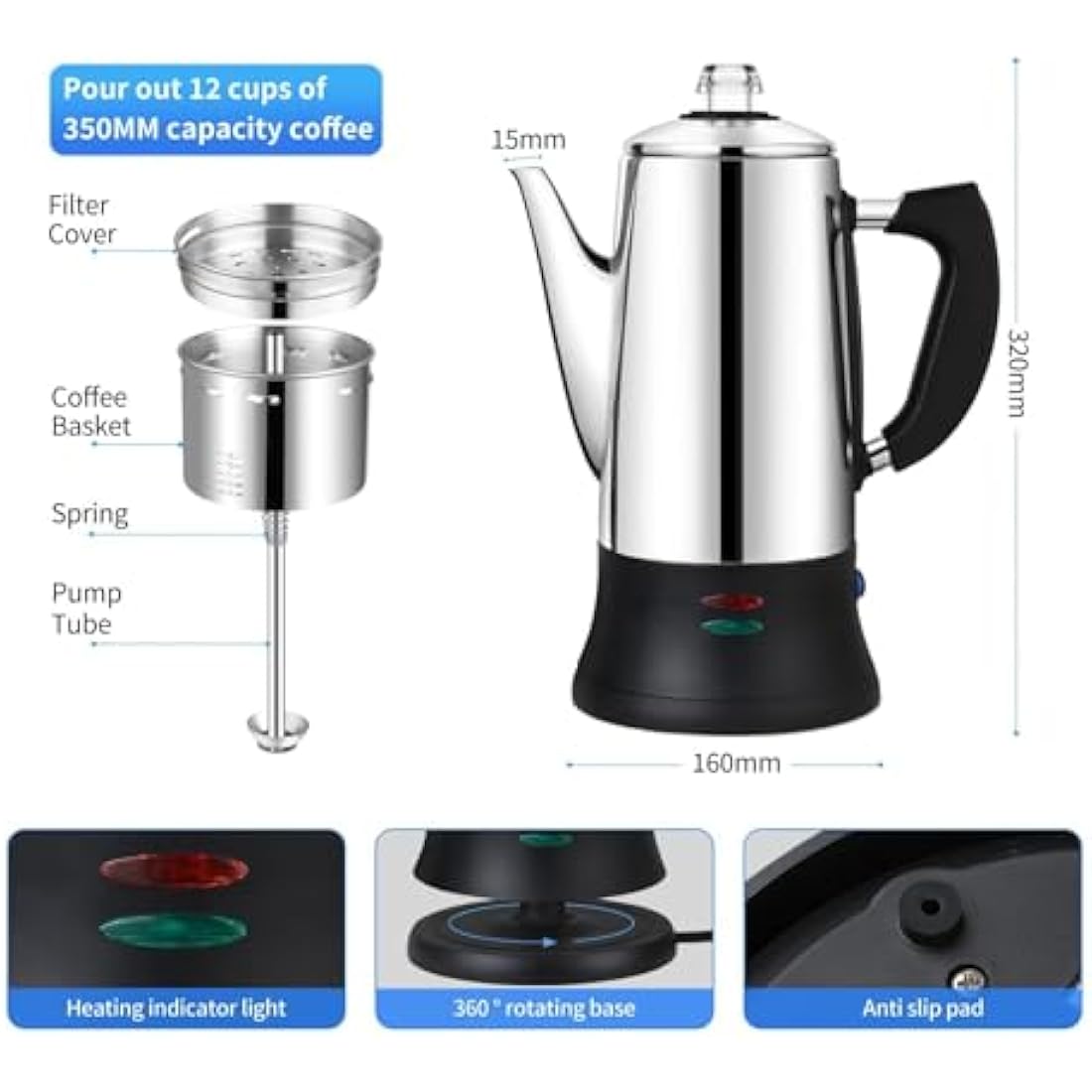 KFO 12-Cup (1.2L) Electric Coffee Percolator - CE Certified Percolator Coffee Maker with 360° Rotating Base & Anti-Slip Design | Heat-Resistant Glass Lid & Cordless Server for Home/Office Use