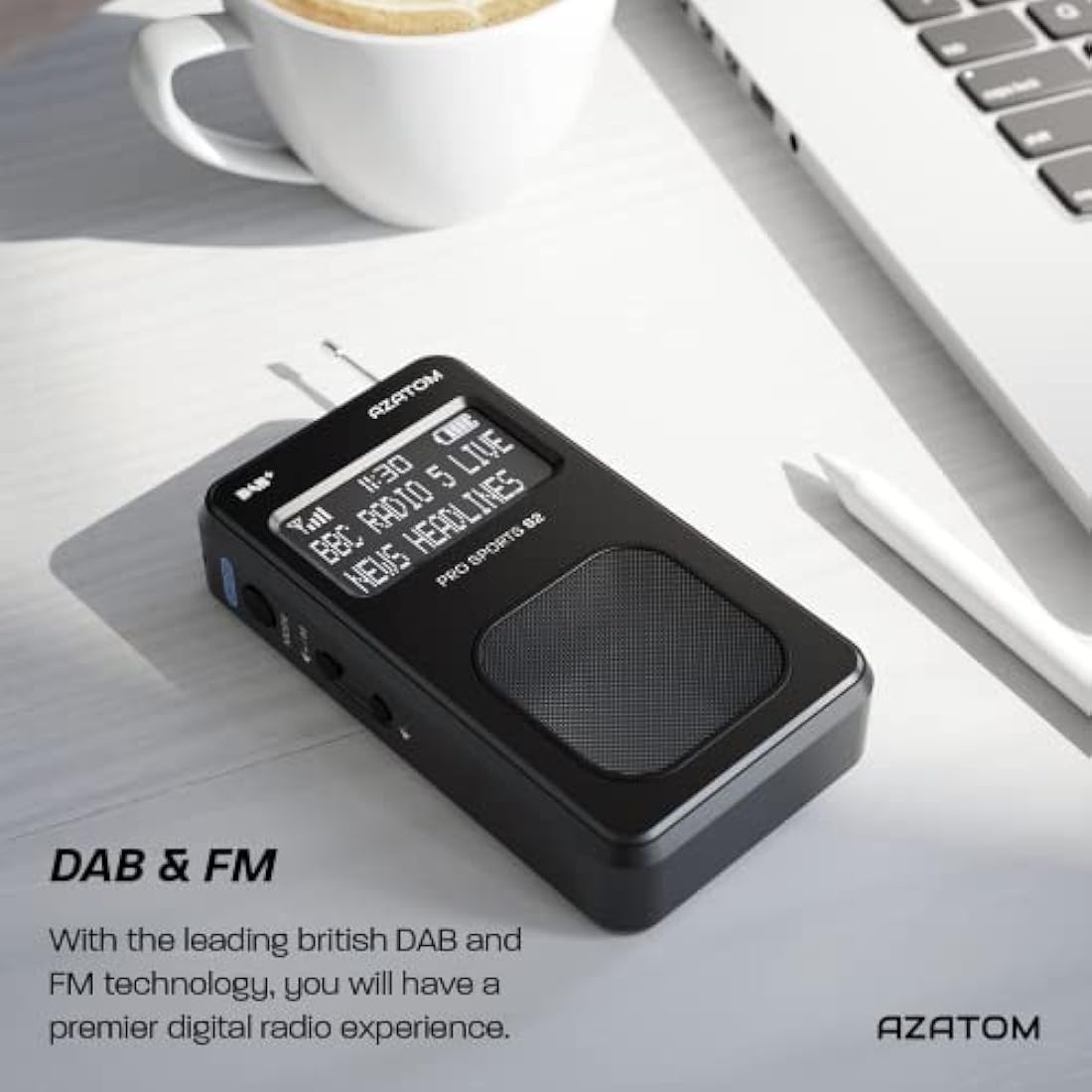 Portable DAB/DAB+ & FM Digital Radio | Sports Earphones Included | Built in Speaker | Rechargeable Battery (10-12 Hours) | Perfect for Sports, Hiking or Working | AZATOM Pro Sports S2 (Black)
