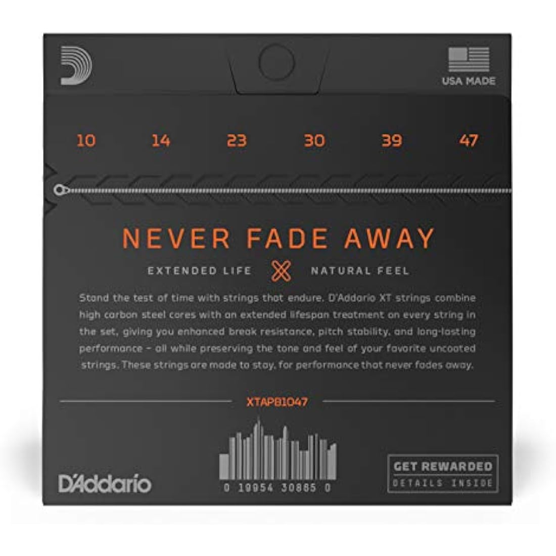 D'Addario Acoustic Guitar Strings, XT Phosphor Bronze Coated, XTAPB1047, Extra Light Gauge 10-47, 6-String Set, Pack of 1