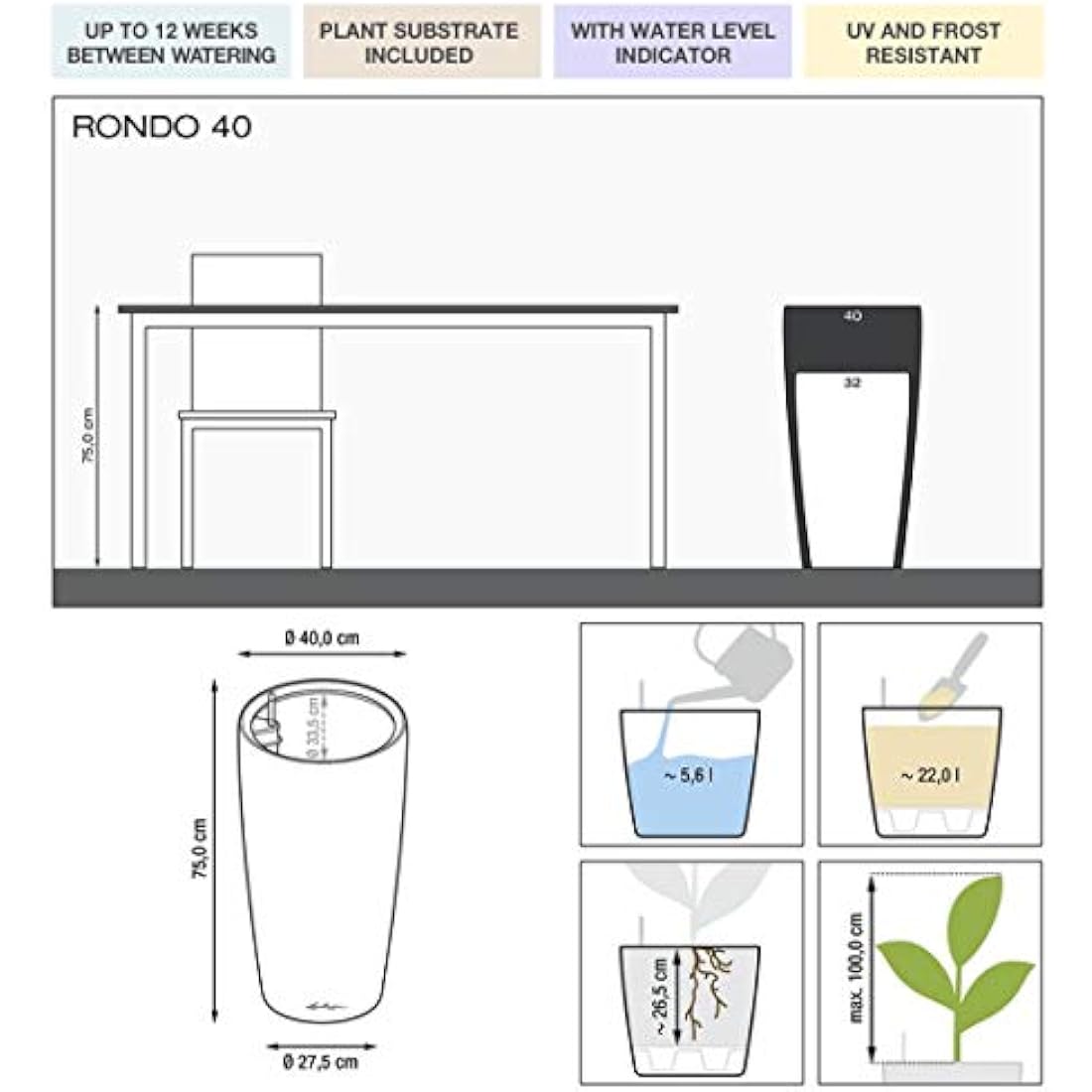 Lechuza RONDO 32 Self Watering Planter Large Plastic Indoor and Outdoor Plant Pot with Drainage Hole D40 H75 cm Shiny Taupe