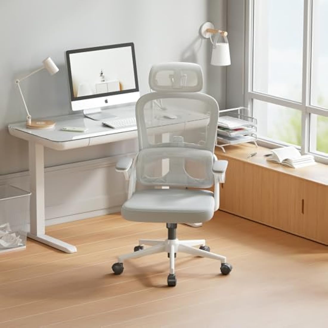 SIHOO M102C Ergonomic Mesh Office Chair, High Back desk chair with 3D Armrests, Up&Down Lumbar Support, Swivel Computer Task Chair, White Frame and Light Grey Mesh