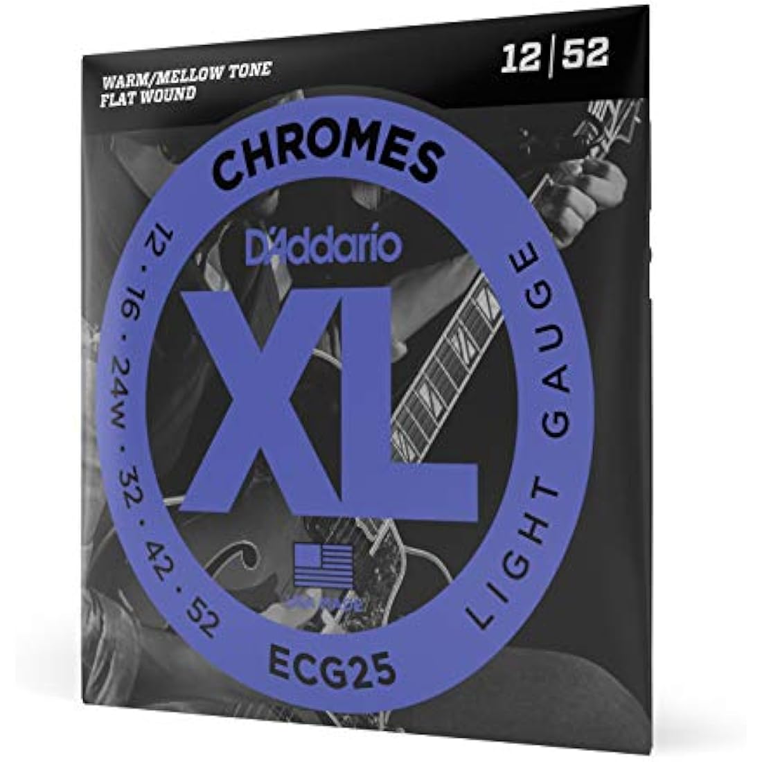 D'Addario Guitar Strings - XL Chromes Electric Guitar Strings - Flat Wound - Polished for Ultra-Smooth Feel and Warm, Mellow Tone - ECG25 - Light, 12-52, 1-Pack