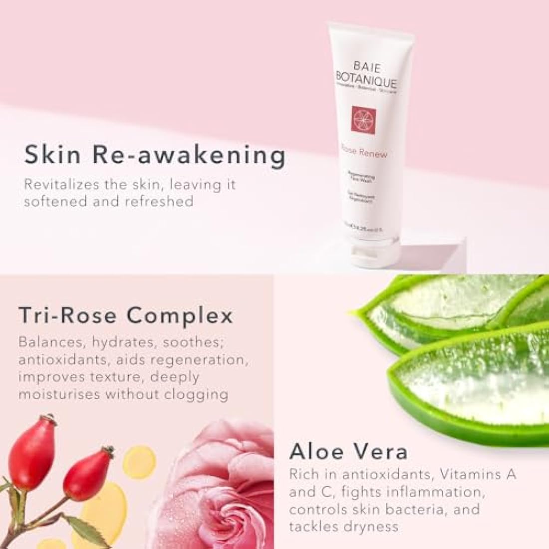 Baie Botanique Rose Renew - Organic Non Toxic Face Wash - Rose Water & Aloe Vera - Natural - Vegan - No Irritants - Paraben Free - Sensitive Safe - Vitamin C - Seabuckthorn - 125ml