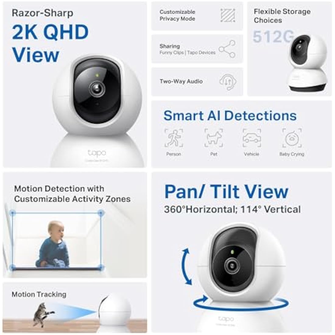 Tapo C220 2K Pan/Tilt Indoor Camera, WiFi Security Camera, AI Detections, Customizable Privacy Mode, 2-Way Audio, Night Vision, Cloud and Local Storage, Works With Alexa and Google, No Monthly Fee