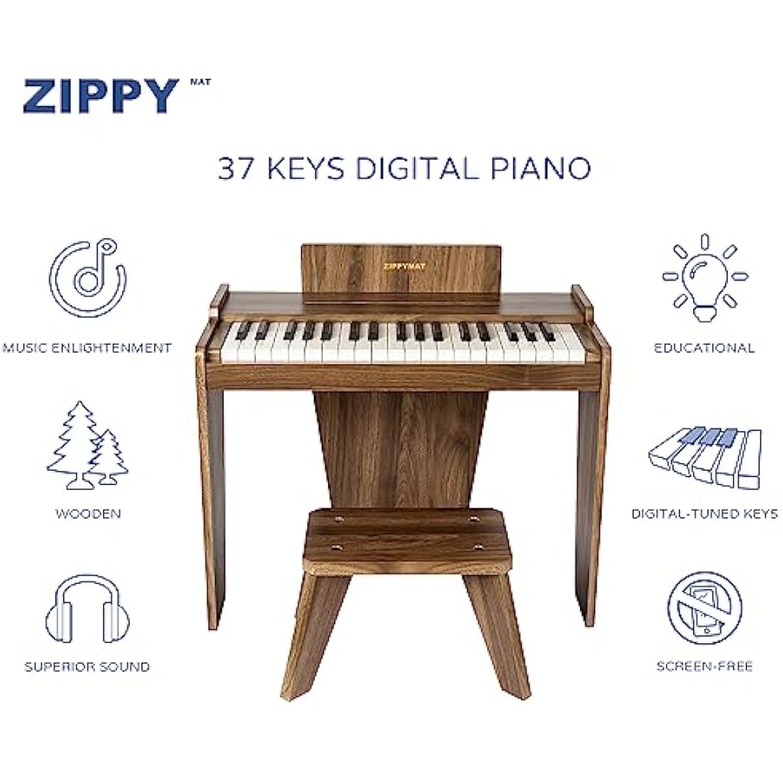 ZIPPY MAT Kids Piano Keyboard, 37 Keys Digital Piano for Kids, Music Educational Instrument, Wooden Toy for Toddlers Girls Boys (Walnut Basic)