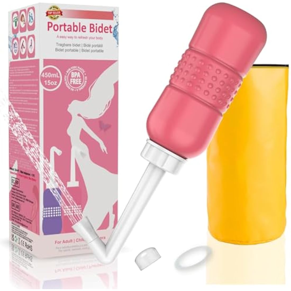 Pink Portable Bidet for Toilet 450ml Travel Bidet Bottle, Perineal Bottle for Postpartum Hemorrhoids Healing, Maternity Kit Essentials,Intimate Wash for Women with Water Seal Cap Storage Bag