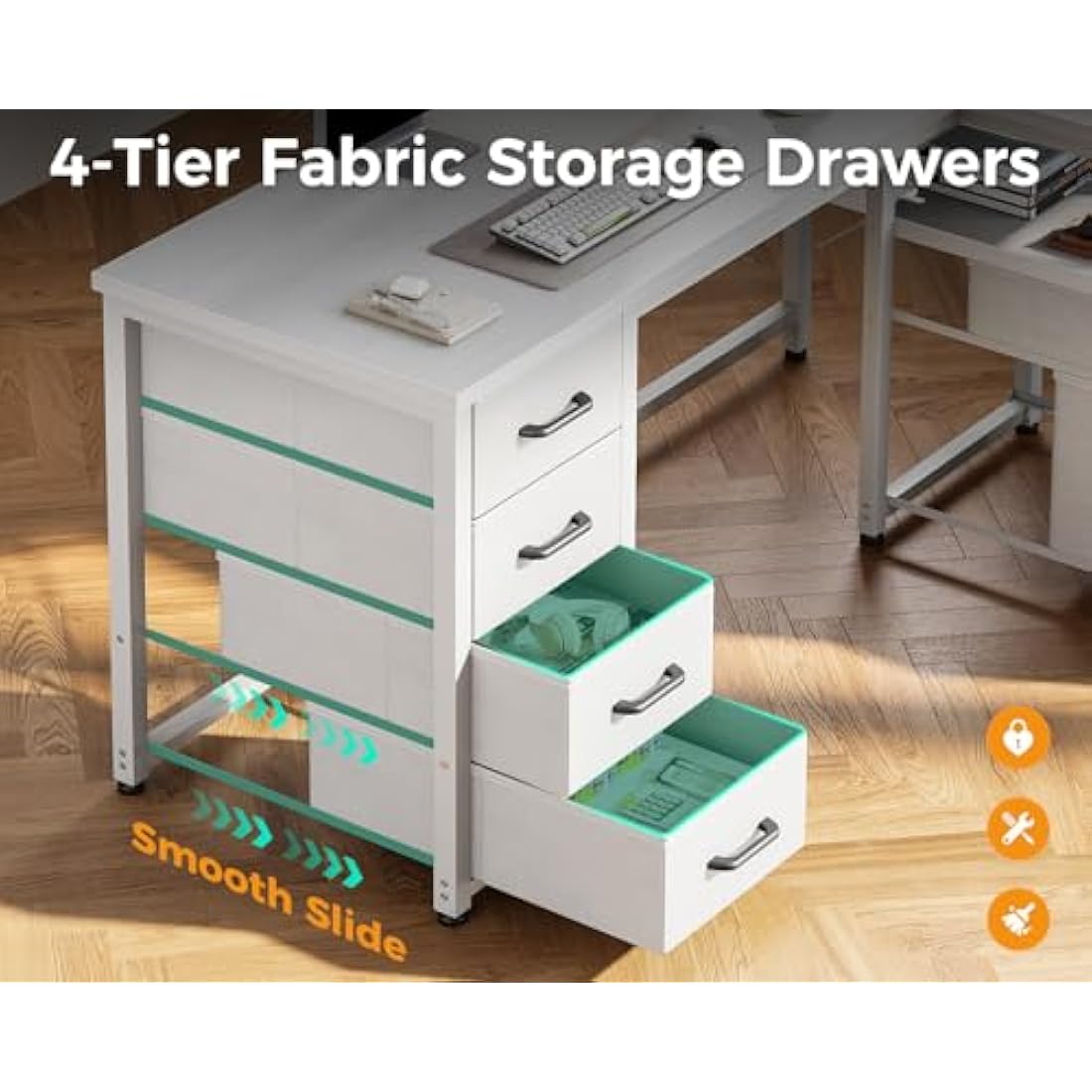 Coleshome Computer Corner Desk with Drawers, 140×70 cm L Shaped Office Desk with Power Outlet, Reversible Study PC Table with Storage for Bedroom, White