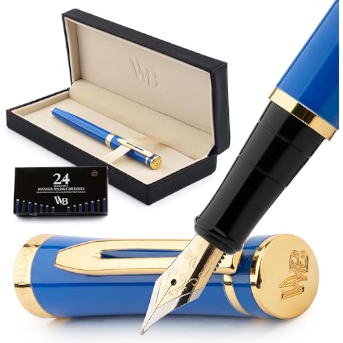 Wordsworth & Black Fountain Pen Set, 18K Gilded Fine Nib, Includes 24 Pack Ink Cartridges, Ink Refill Converter & Gift Box, Gold Finish, Calligraphy, [Imperial Blue], Perfect for Men & Women