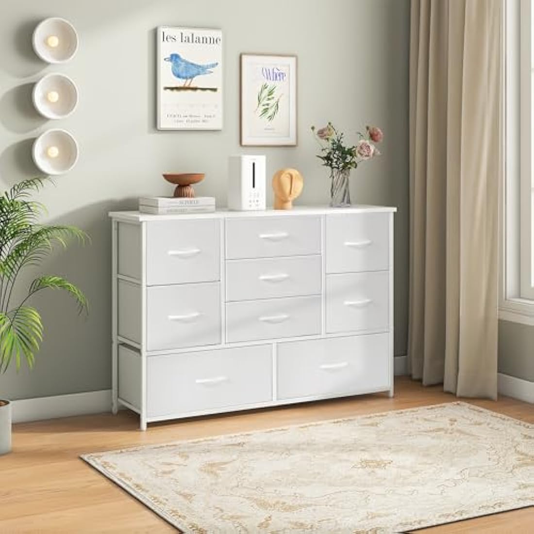 LYNCOHOME White Chest of Drawers for Bedroom, 9 Drawer Fabric Dresser Storage Organizer, Wide Dresser TV Stand for Bedroom, Living Room, Entryway, Nursery