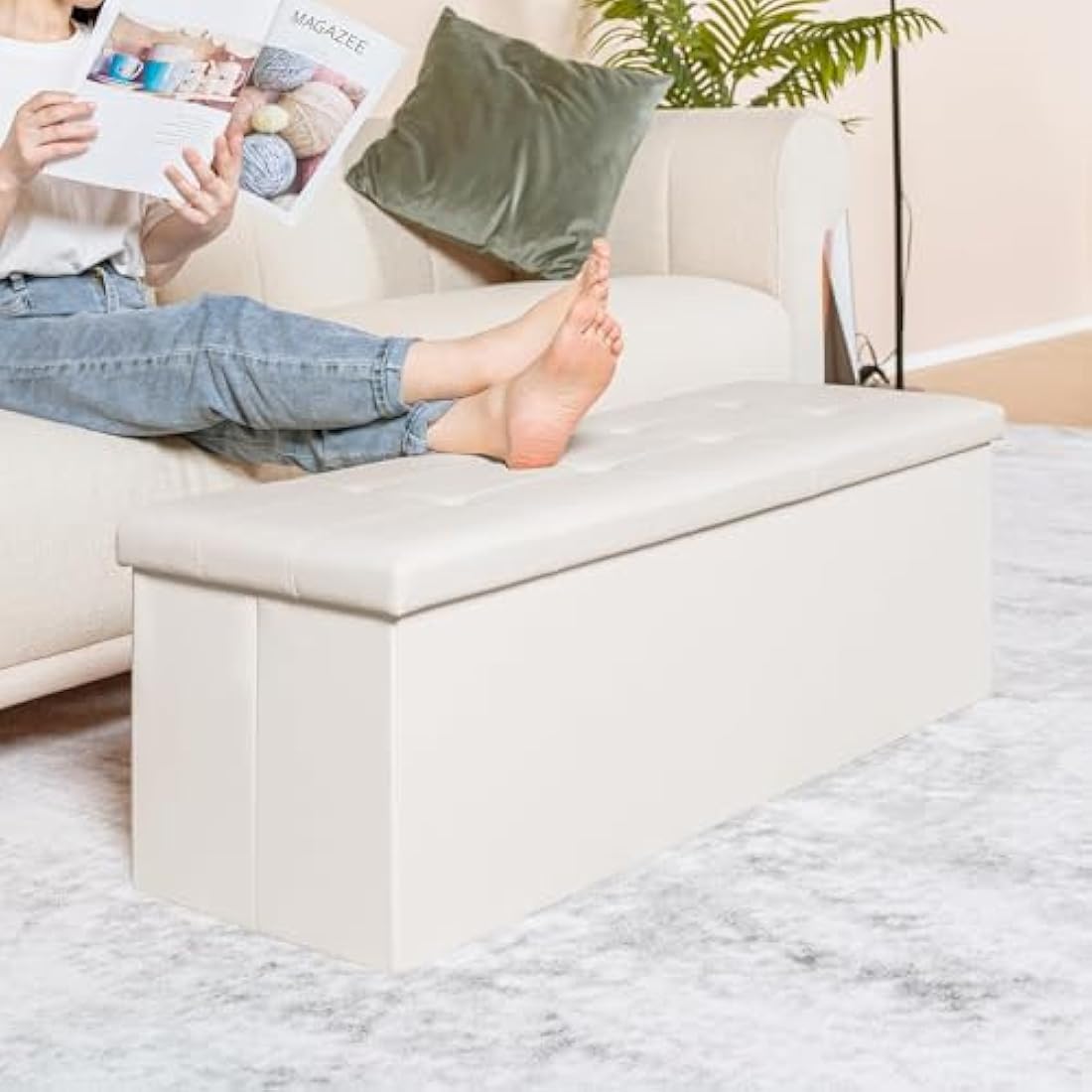 Bonlife Folding Ottoman Storage Bench with Cushion Kids Toy Box Cube Foot Stool Faux Leather Large Storage boxes with Lid,White,110 x 38 x 38 cm