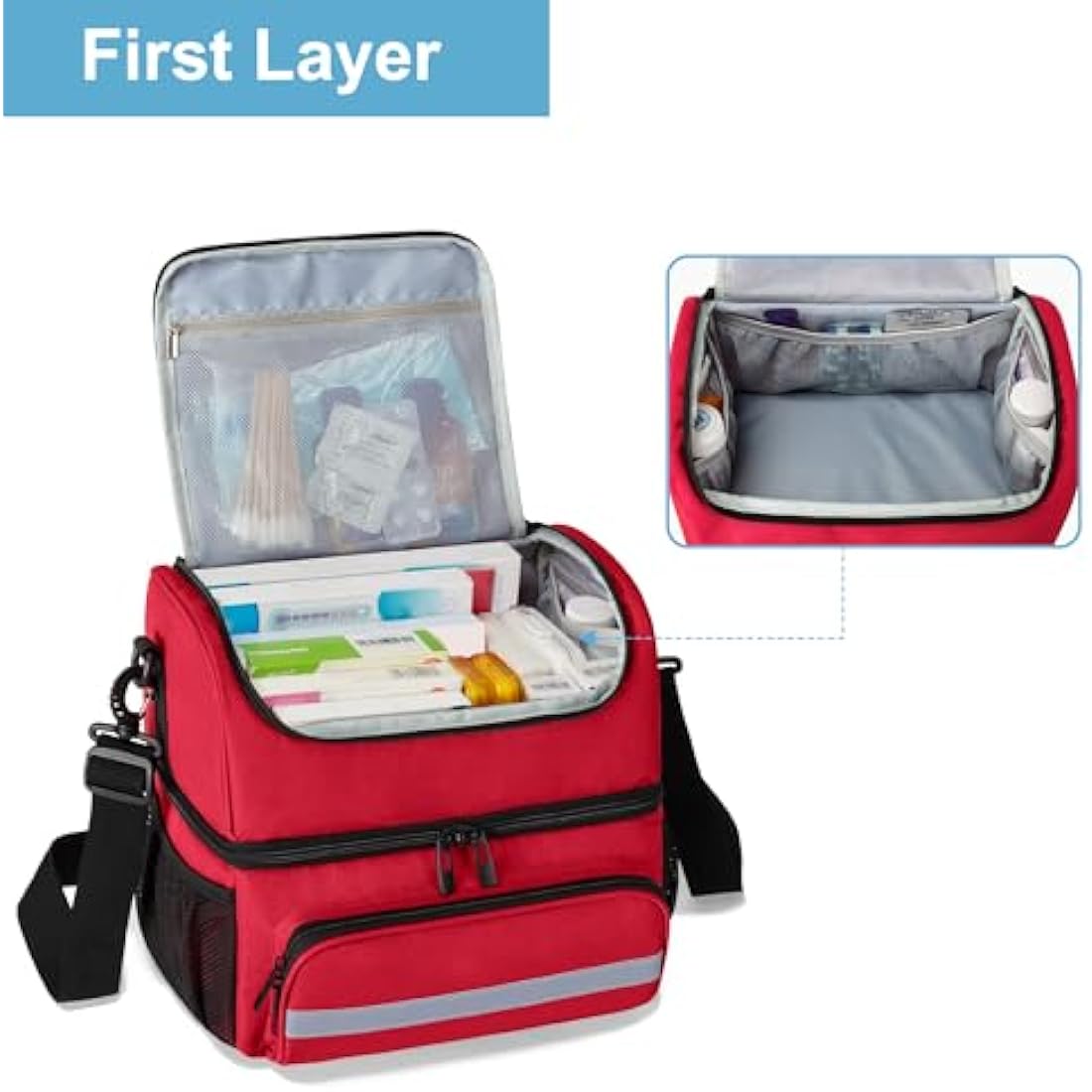 CURMIO Double Layer Medicine Storage Bag Empty, Family First Aid Organiser for Emergency Medical Kits, Portable Medicine Supplies Bag for Home and Travel, Red