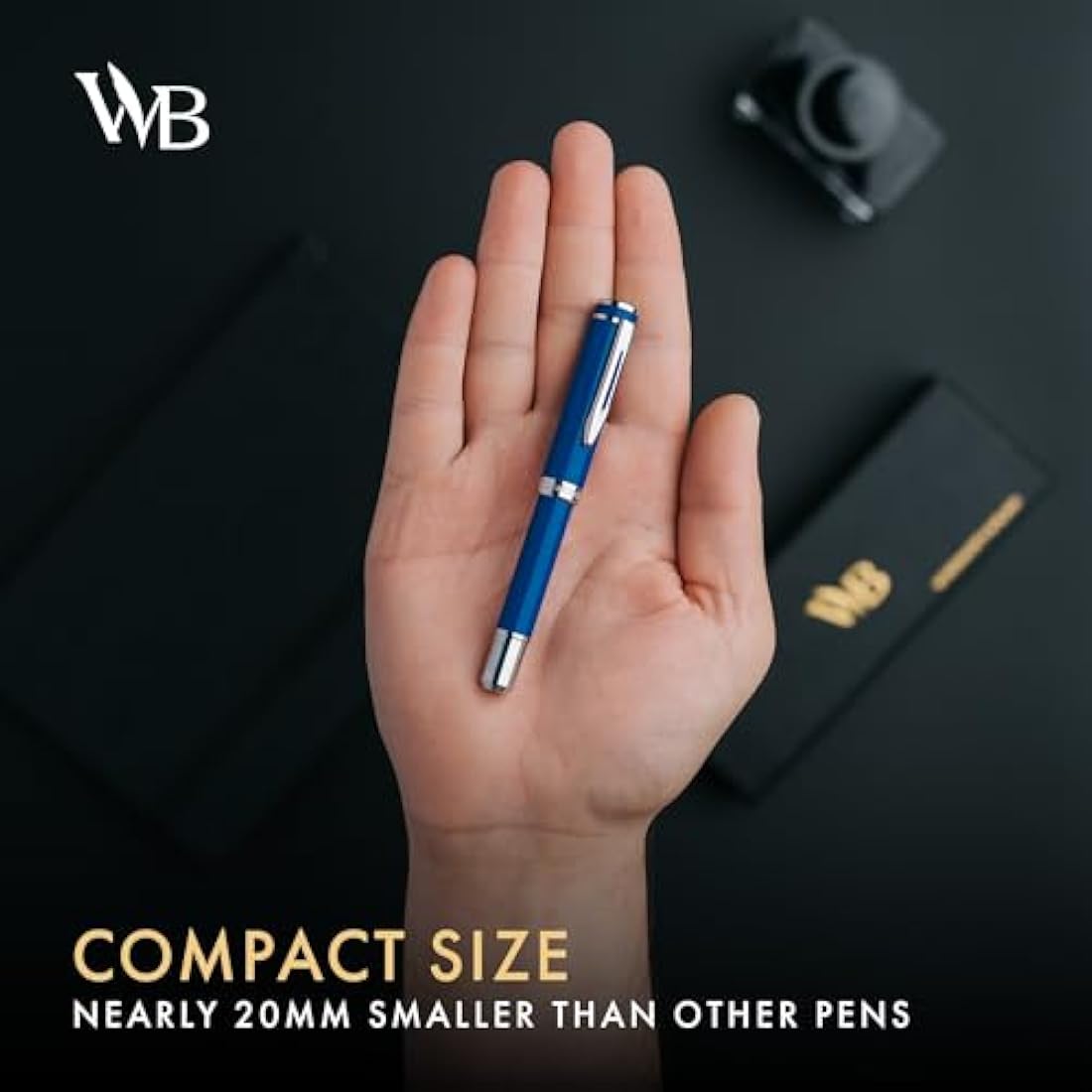 Wordsworth and Black Fountain Pen Mini EDC: Luxury Blue Heavy Pocket Pen, Chrome Finish, Medium Nib, 6 Ink Cartridges, Ink Converter, Travel Refillable Writing Pen Gift Set, Men & Women