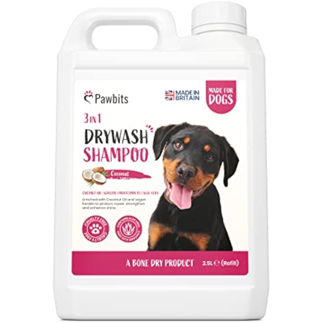 Pawbits Drywash Shampoo for Dogs - Puppy Friendly 3-in-1 Dry Shampoo to Clean, Condition & Detangle – No Water Required (Coconut - 2.5L)
