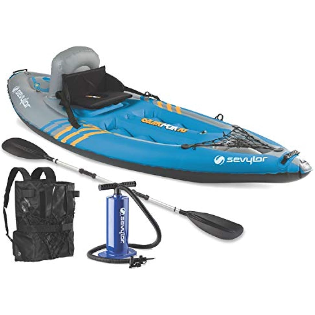 Sevylor QuickPak K1 1-Person Inflatable Kayak, Kayak Folds into Backpack with 5-Minute Setup, 21-Gauge PVC Construction; Hand Pump & Paddle Included