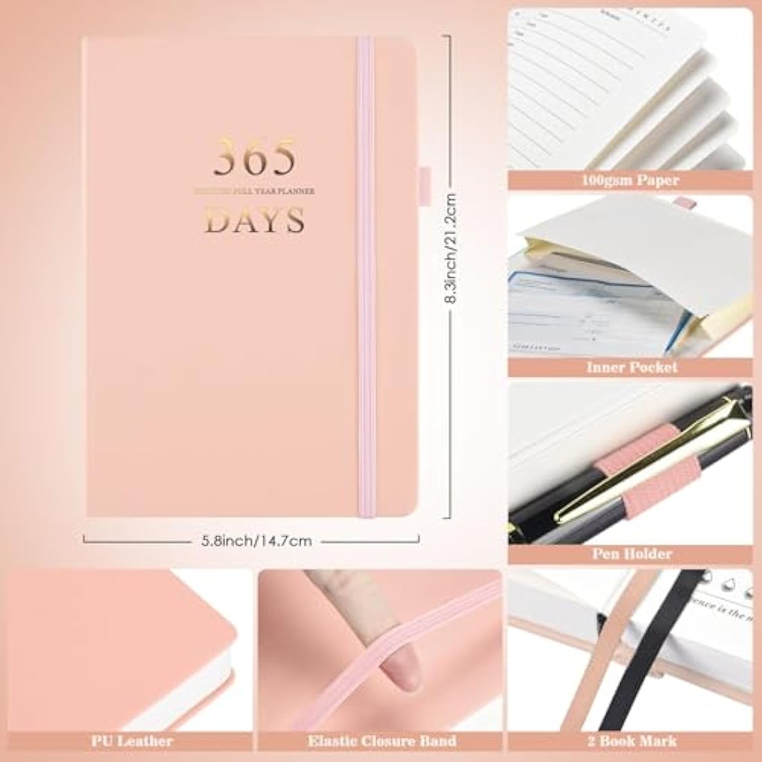 Planner, Undated Daily Planner with To Do List, 365 Days Planner for ADHD, Agenda for Women Men, Hourly Planner Notebook for Goal Setting, Productivity Organizer with Calendar, 8.3" x 5.8" (Pink)